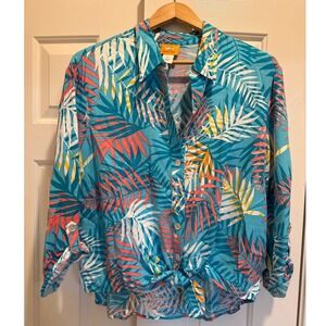 Ruby Rd Tropical Palm Leaf Tie Front Button Up Shirt Teal Coral Rayon Womens L